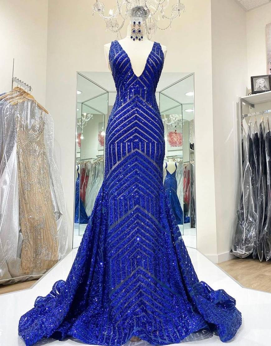 Mermaid Long Straps V Neck Sleeveless Prom Dresses Backless Evening Dresses