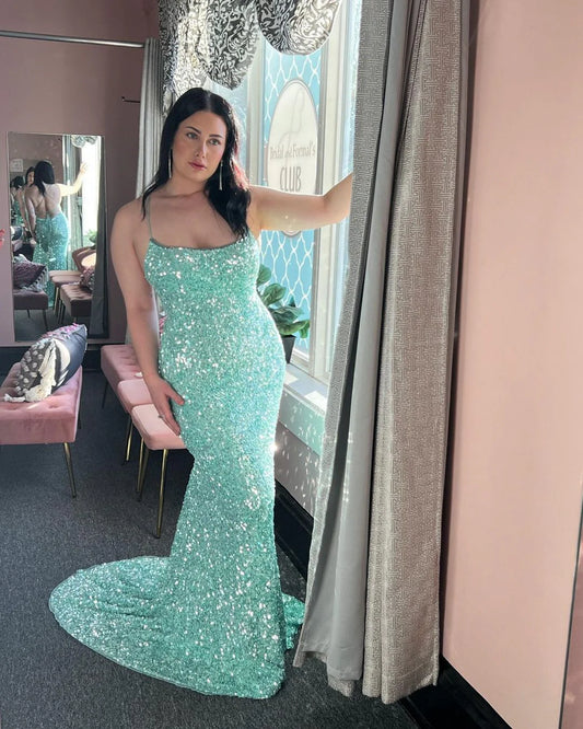 Mermaid Prom Dresses Spaghetti Straps Sequin Backless Sweep Train
