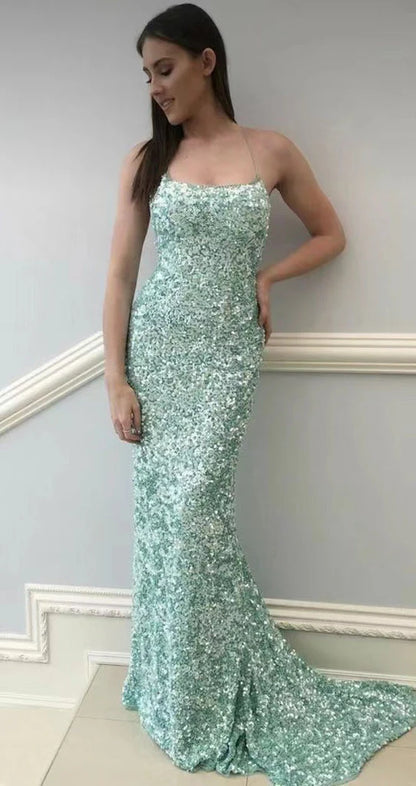 Vestidos de fiesta de sirena con tirantes finos, lentejuelas, espalda descubierta y cola larga 