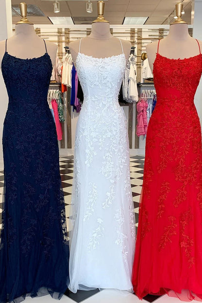 Vestidos de fiesta de sirena con tirantes finos rojos y apliques de encaje rojo, vestidos de noche largos y económicos. 