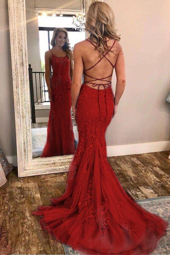 Vestidos de fiesta de sirena con tirantes finos rojos y apliques de encaje rojo, vestidos de noche largos y económicos. 