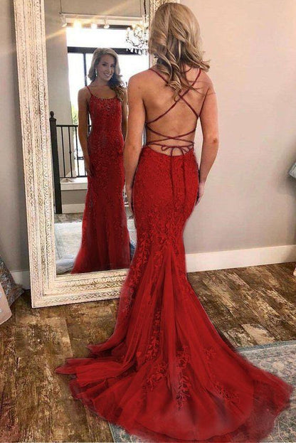 Vestidos de fiesta de sirena con tirantes finos rojos y apliques de encaje rojo, vestidos de noche largos y económicos. 