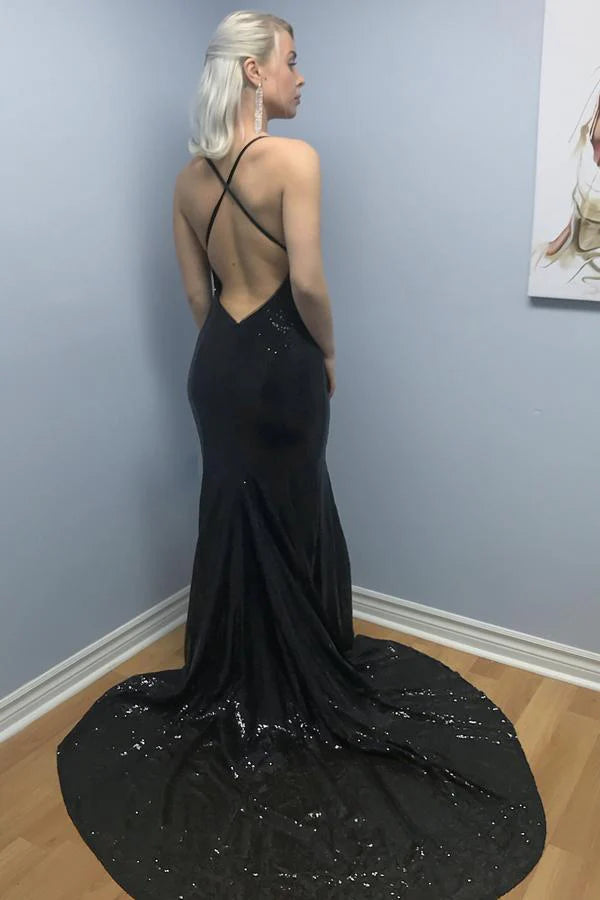 Vestido de fiesta de sirena con tirantes finos, espalda descubierta y lentejuelas negras, cuello en V, vestido formal 