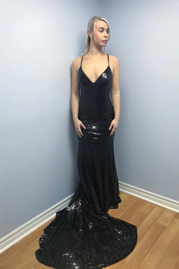 Vestido de fiesta de sirena con tirantes finos, espalda descubierta y lentejuelas negras, cuello en V, vestido formal 