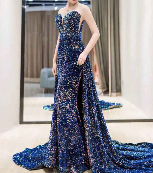 Vestidos de fiesta largos formales con lentejuelas desmontables y escote corazón de sirena