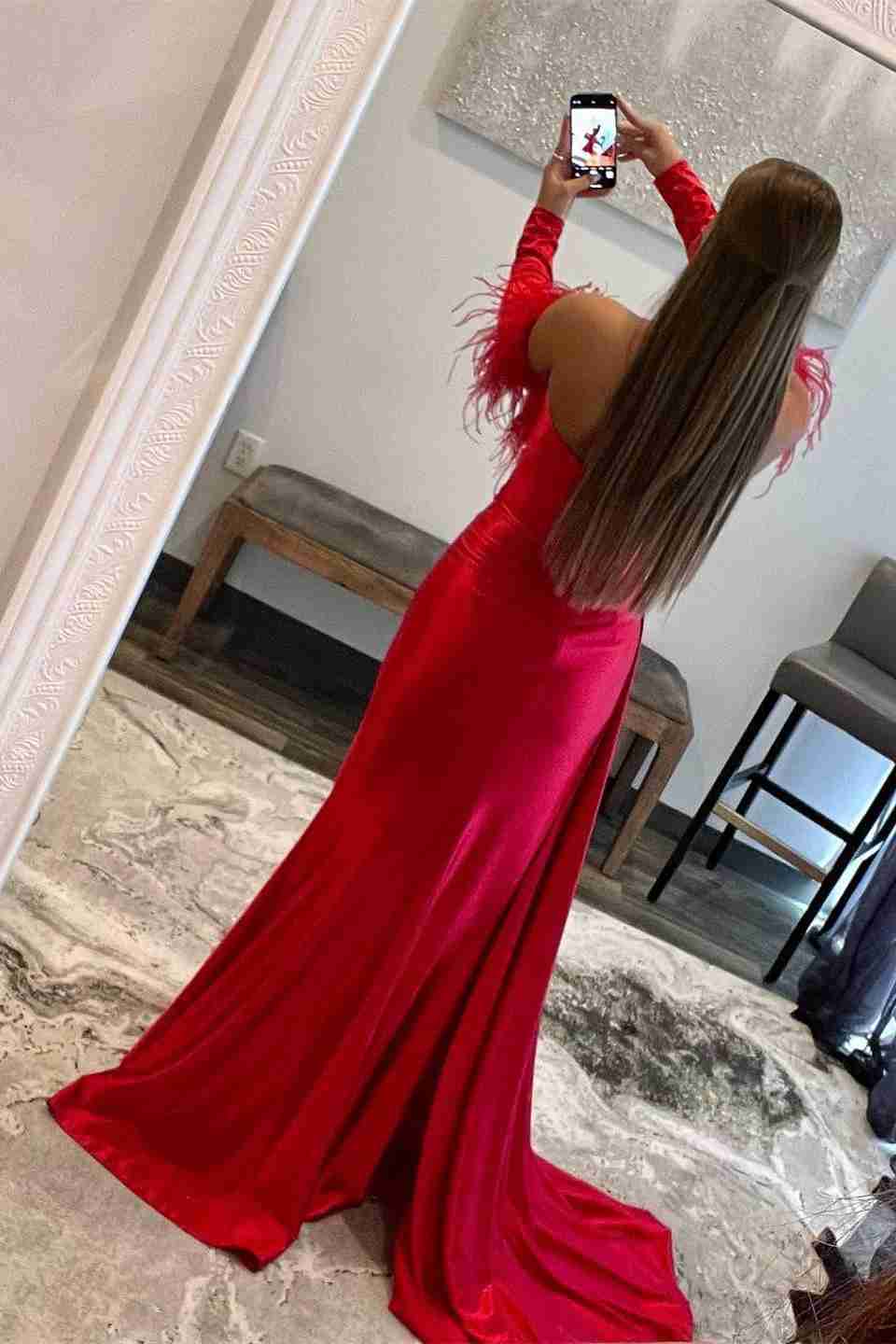 Mermaid Sweetheart Pleated Long Sleeves Prom Dress with Slit Feather