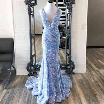 Vestido de fiesta de sirena con escote en V, cola larga, espalda descubierta, tirantes finos y lentejuelas de terciopelo 