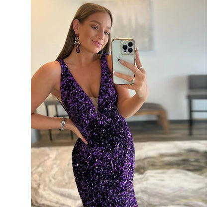 Vestido de fiesta de sirena con escote en V, cola larga, espalda descubierta, tirantes finos y lentejuelas de terciopelo 