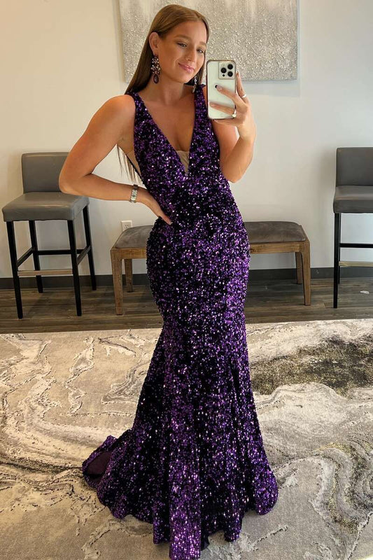 Vestido de fiesta de sirena con escote en V, cola larga, espalda descubierta, tirantes finos y lentejuelas de terciopelo 
