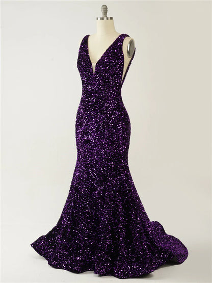 Vestido de fiesta de sirena con escote en V, cola larga, espalda descubierta, tirantes finos y lentejuelas de terciopelo 