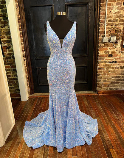 Vestido de fiesta de sirena con escote en V, cola larga, espalda descubierta, tirantes finos y lentejuelas de terciopelo 