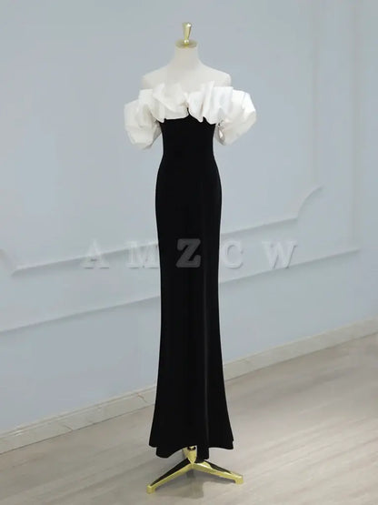Amzcw Mermaid Off Shoulder Velvet Black Long Prom Dress Black Formal Dress prom dress in store