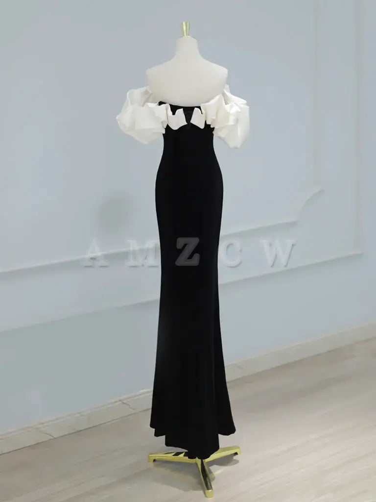 Amzcw Mermaid Off Shoulder Velvet Black Long Prom Dress Black Formal Dress prom dress in store
