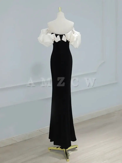 Amzcw Mermaid Off Shoulder Velvet Black Long Prom Dress Black Formal Dress prom dress in store