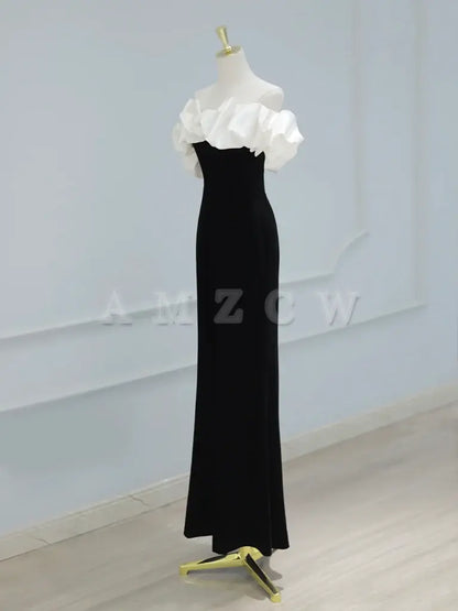 Amzcw Mermaid Off Shoulder Velvet Black Long Prom Dress Black Formal Dress prom dress in store