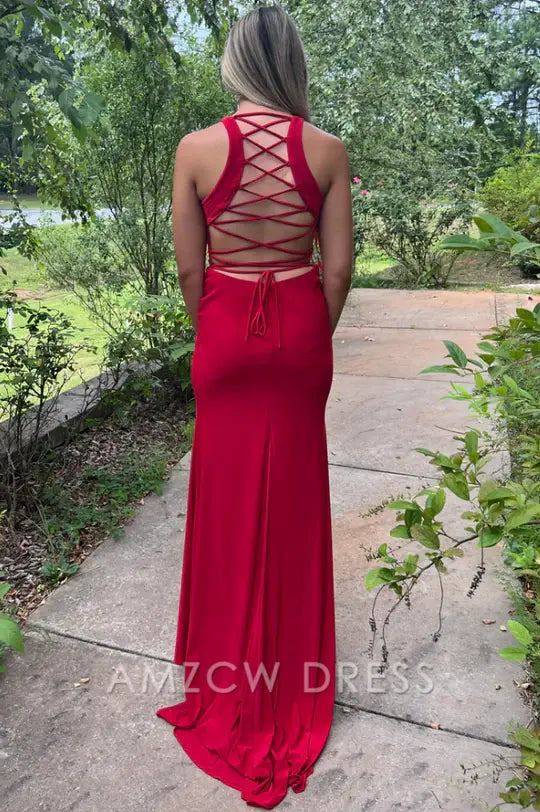 Vestido de fiesta formal Amzcw de sirena, escote redondo, plisado y sin mangas