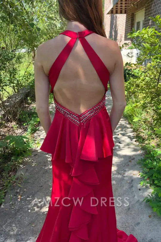 Vestido de fiesta formal Amzcw de sirena, escote redondo, satén plisado, sin mangas y con cola