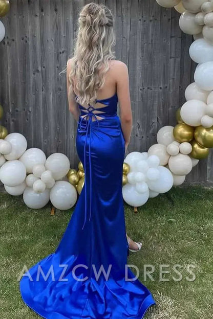 Amzcw Mermaid Strapless Royal Blue V-Neck Sleeveless Satin Long Prom Dress formal wear dresses