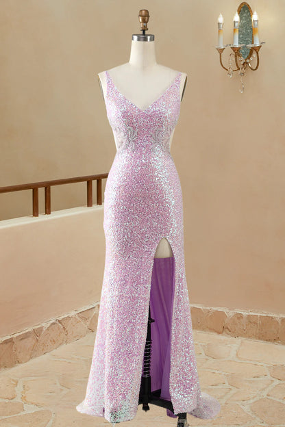 Vestidos de fiesta de sirena/trompeta con escote en V, sin mangas, hasta el suelo, con lentejuelas lilas 
