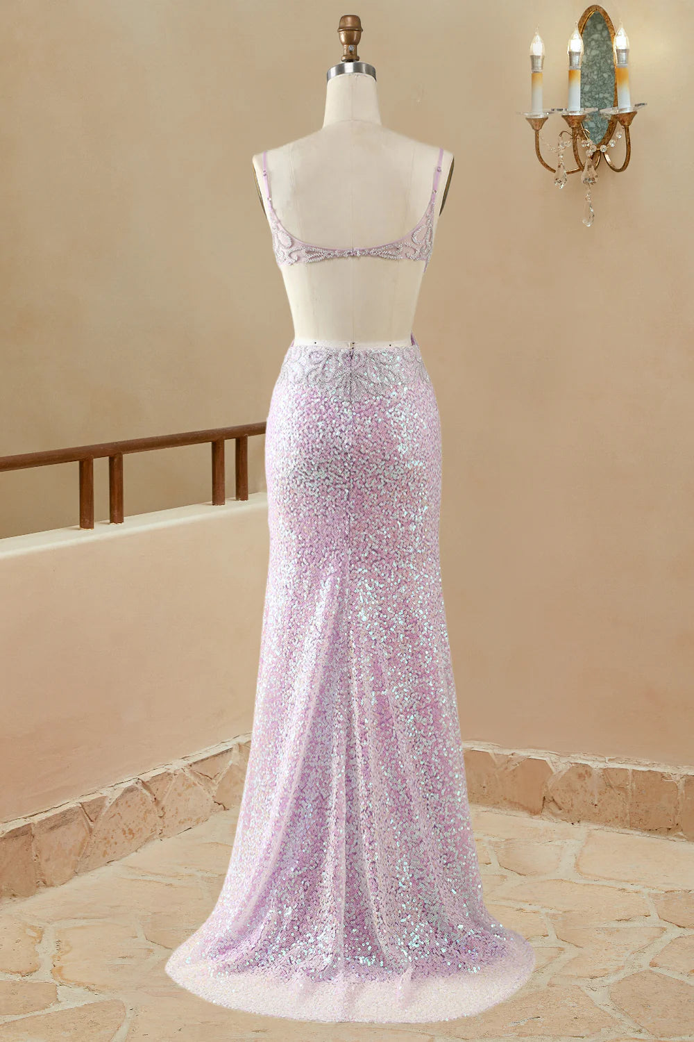 Vestidos de fiesta de sirena/trompeta con escote en V, sin mangas, hasta el suelo, con lentejuelas lilas 