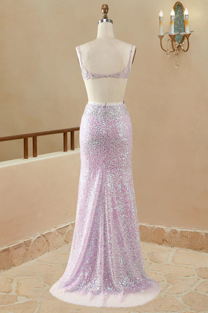 Vestidos de fiesta de sirena/trompeta con escote en V, sin mangas, hasta el suelo, con lentejuelas lilas 