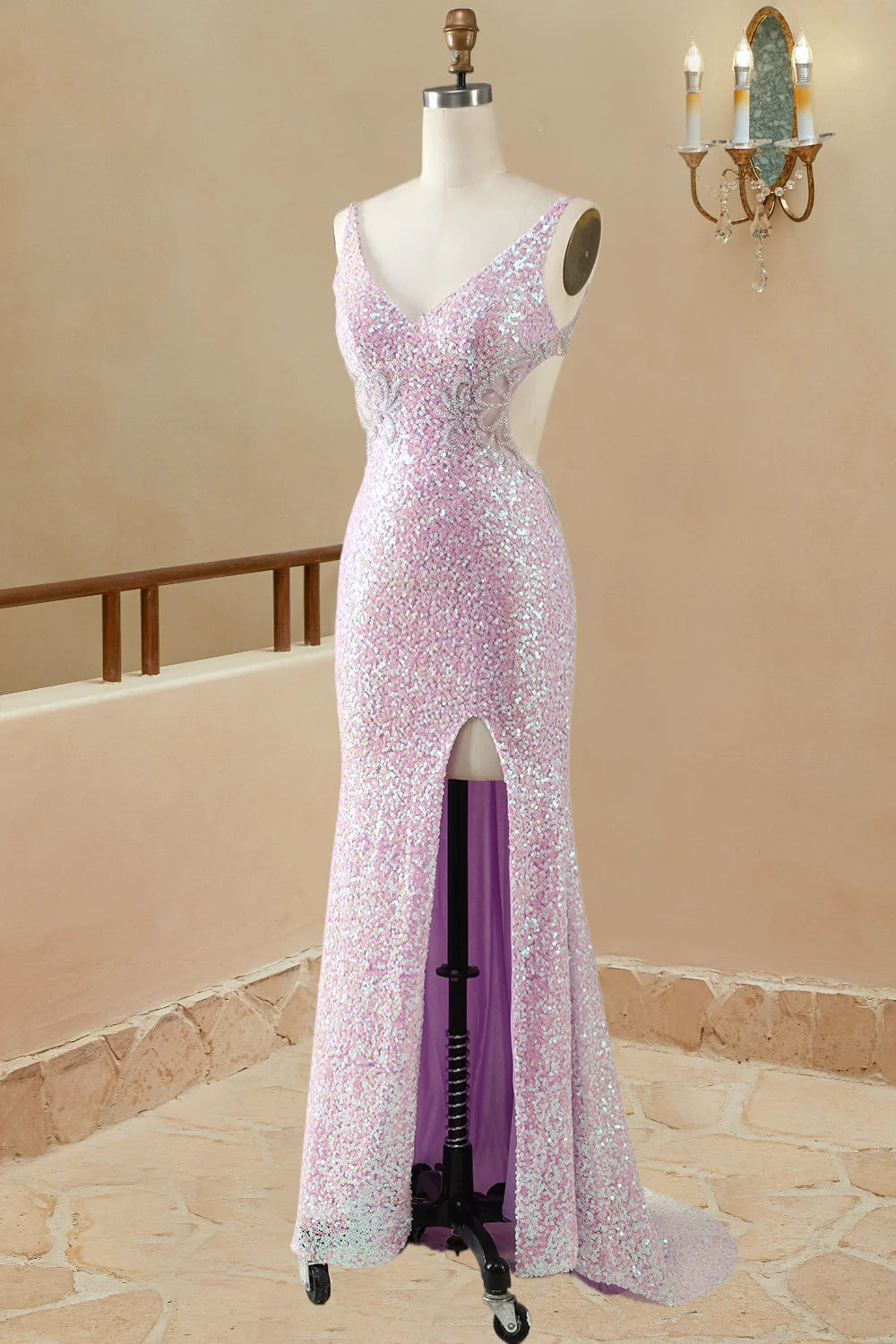 Vestidos de fiesta de sirena/trompeta con escote en V, sin mangas, hasta el suelo, con lentejuelas lilas 