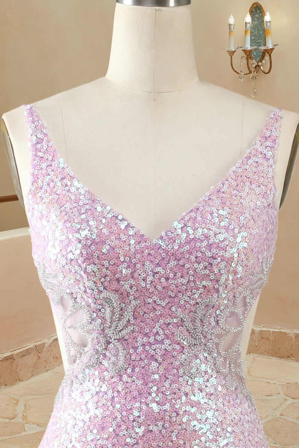 Vestidos de fiesta de sirena/trompeta con escote en V, sin mangas, hasta el suelo, con lentejuelas lilas 