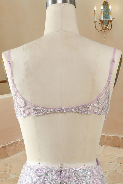 Vestidos de fiesta de sirena/trompeta con escote en V, sin mangas, hasta el suelo, con lentejuelas lilas 
