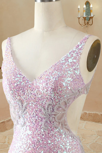 Vestidos de fiesta de sirena/trompeta con escote en V, sin mangas, hasta el suelo, con lentejuelas lilas 