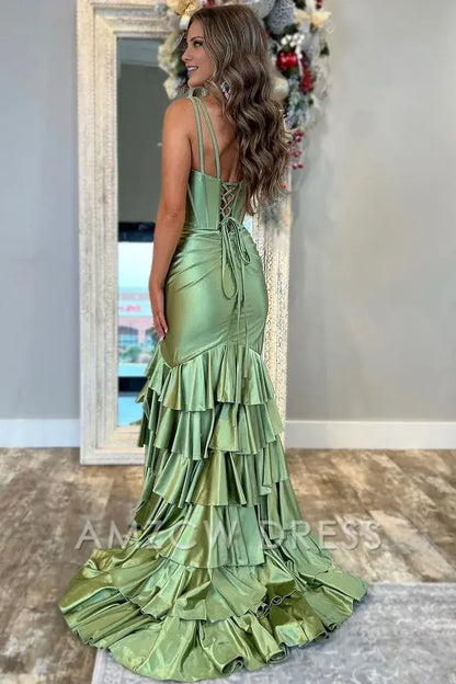 Vestido de fiesta largo de satén sin mangas con escote en V y tirantes finos de Amzcw