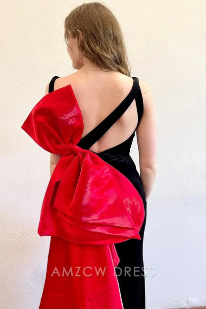 Vestido de fiesta formal largo Amzcw con escote en V, corte sirena, tirantes, abertura lateral y lazo grande