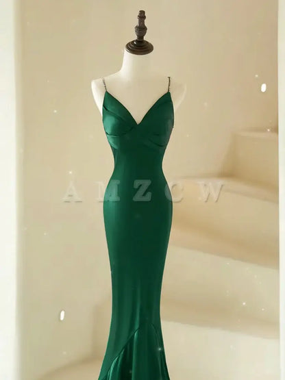 Suknia balowa Amzcw Mermaid V Neck Satin Green Long Prom Dress Green Satin Long Formalna sukienka na studniówkę sklepy z sukniami balowymi 