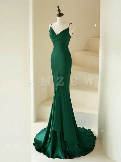 Suknia balowa Amzcw Mermaid V Neck Satin Green Long Prom Dress Green Satin Long Formalna sukienka na studniówkę sklepy z sukniami balowymi 