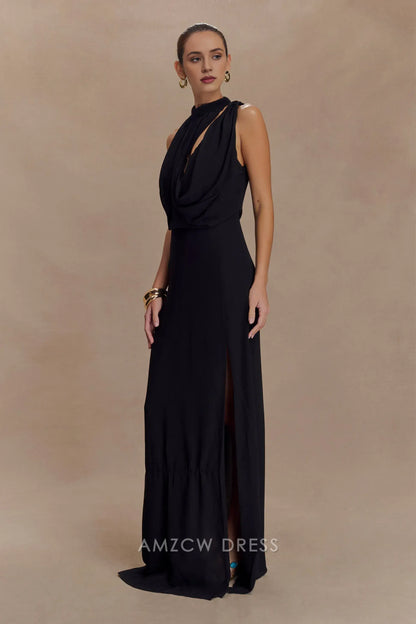 Minimalist Sheath/Column One Shoulder Halter Sleeveless Open Back Floor-Length Side Slit prom dress