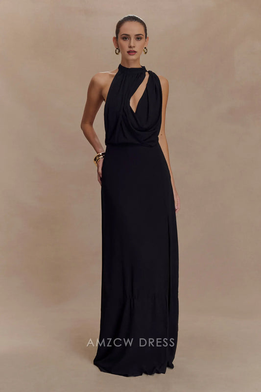 Minimalist Sheath/Column One Shoulder Halter Sleeveless Open Back Floor-Length Side Slit prom dress