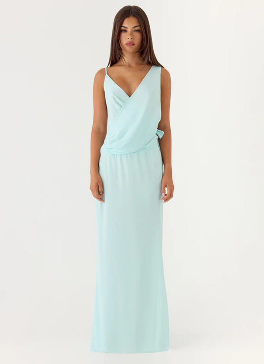Mint Green Draped V-Neck Maxi Prom Dress with Open Back and Gold Ring Detail