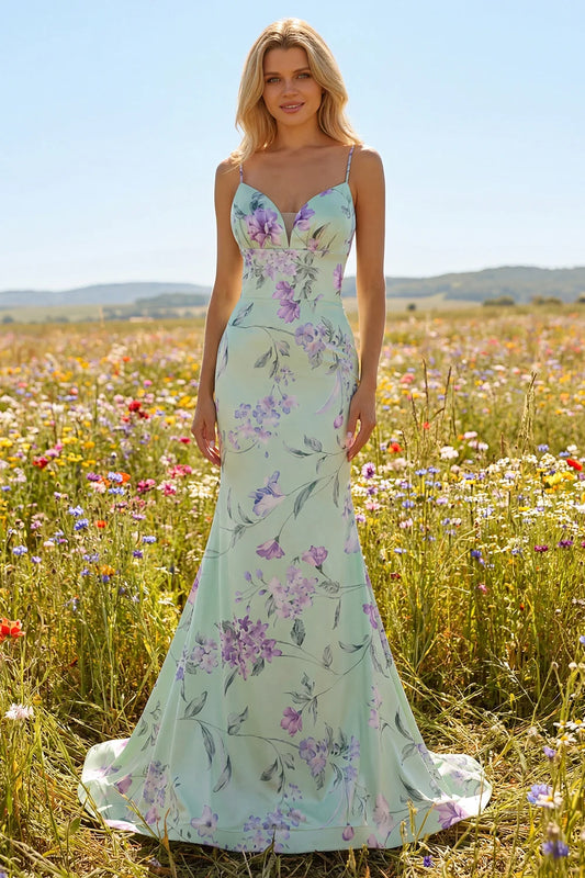 Mint Green Floral Print Spaghetti Strap Mermaid Prom Dress with Ruffle Back