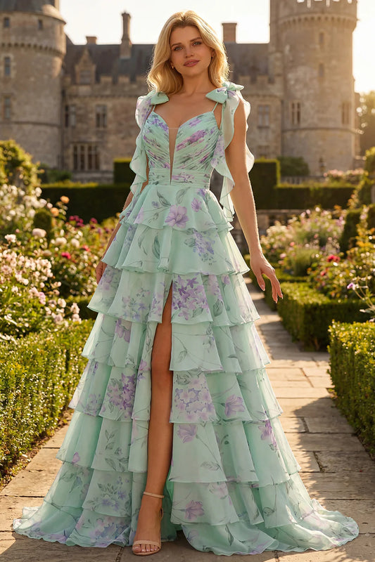 Mint Green Floral Print Spaghetti Strap Tiered Ruffle Prom Dress with Bow Details and Slit