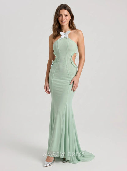 Mint Green Halter Neck Butterfly Accent Cutout Mermaid Chiffon Formal Evening Prom Dress