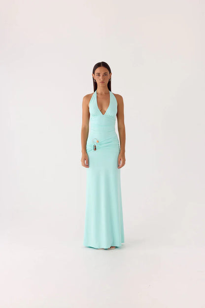 Mint Green Halter Neck Ruched Maxi Prom Dress with Open Back and Beaded Detail
