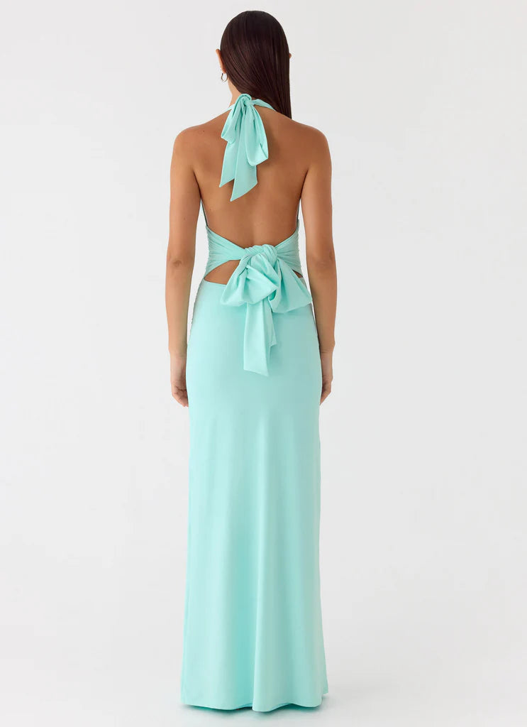 Mint Green Halter Neck Ruched Maxi Prom Dress with Open Back and Beaded Detail