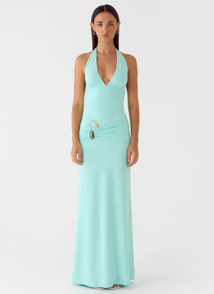 Mint Green Halter Neck Ruched Maxi Prom Dress with Open Back and Beaded Detail