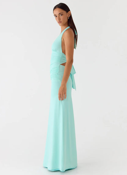 Mint Green Halter Neck Ruched Maxi Prom Dress with Open Back and Beaded Detail
