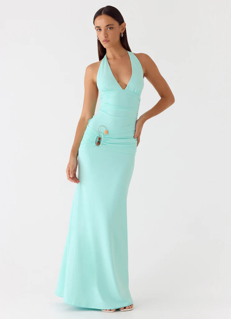 Mint Green Halter Neck Ruched Maxi Prom Dress with Open Back and Beaded Detail