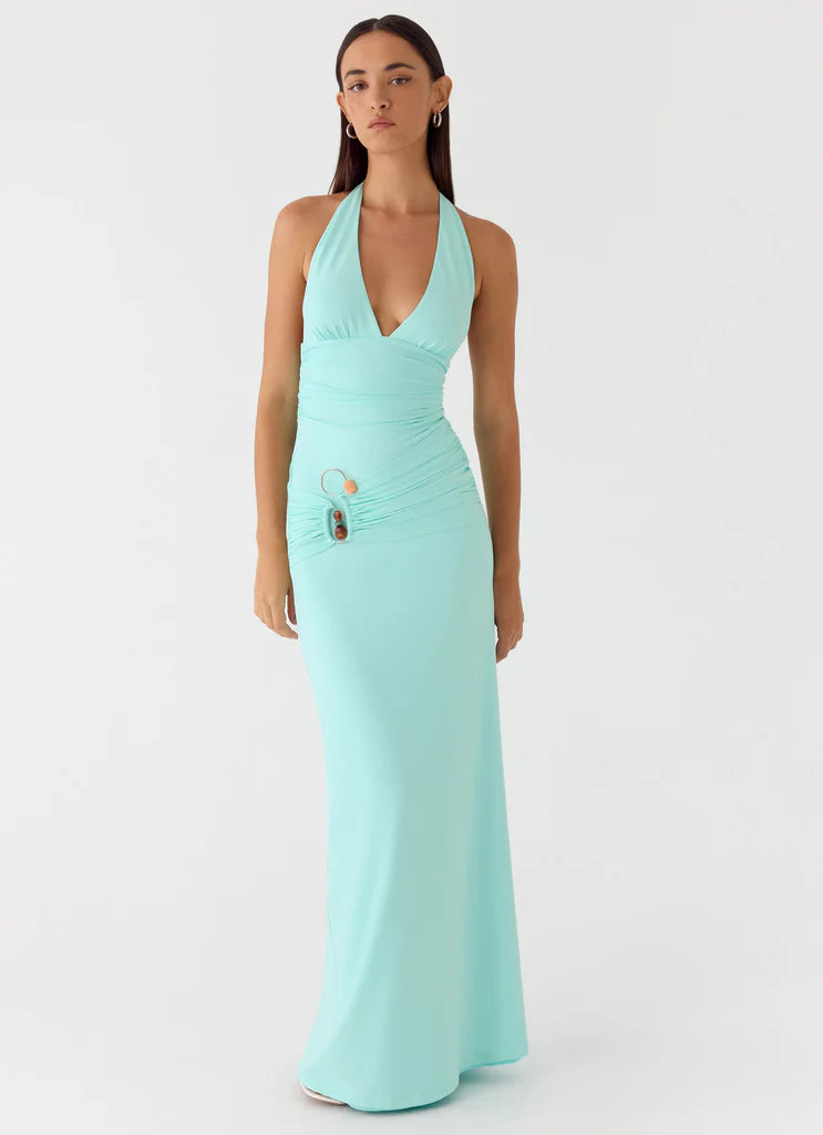 Mint Green Halter Neck Ruched Maxi Prom Dress with Open Back and Beaded Detail