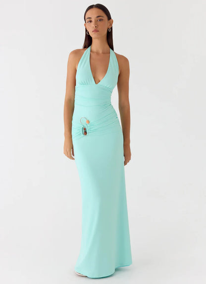 Mint Green Halter Neck Ruched Maxi Prom Dress with Open Back and Beaded Detail