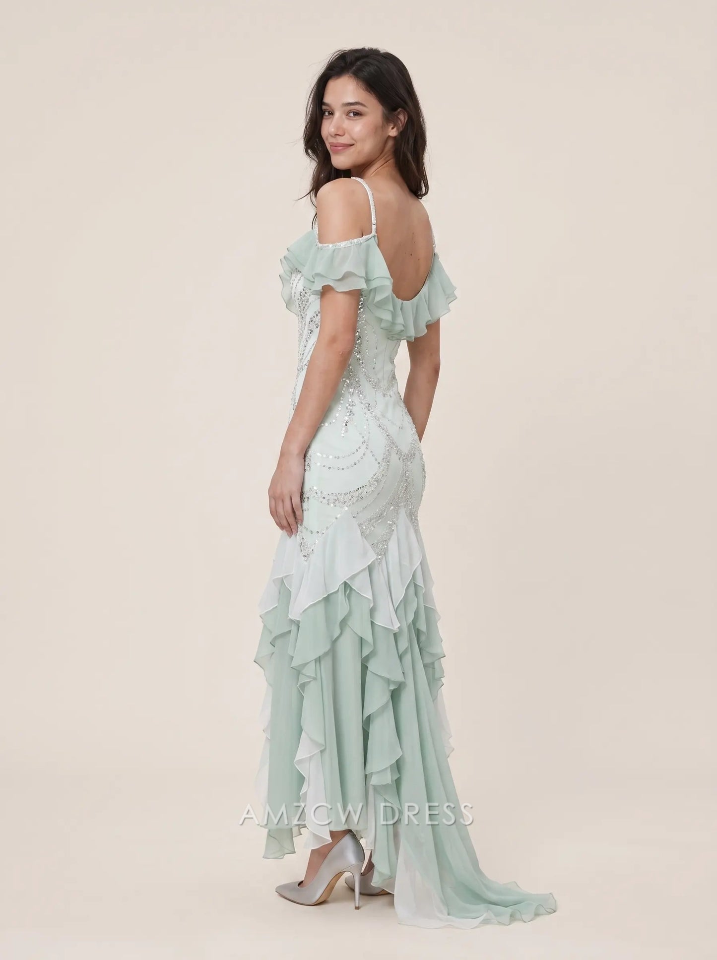 Mint Green Off Shoulder Ruffle Sleeve Beaded Sequin Mermaid High Low Formal Evening Prom Dress