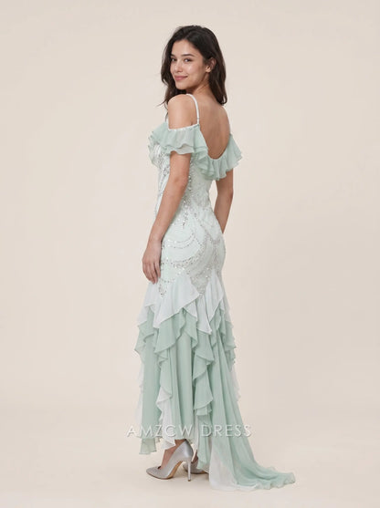 Mint Green Off Shoulder Ruffle Sleeve Beaded Sequin Mermaid High Low Formal Evening Prom Dress