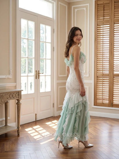 Mint Green Off Shoulder Ruffle Sleeve Beaded Sequin Mermaid High Low Formal Evening Prom Dress