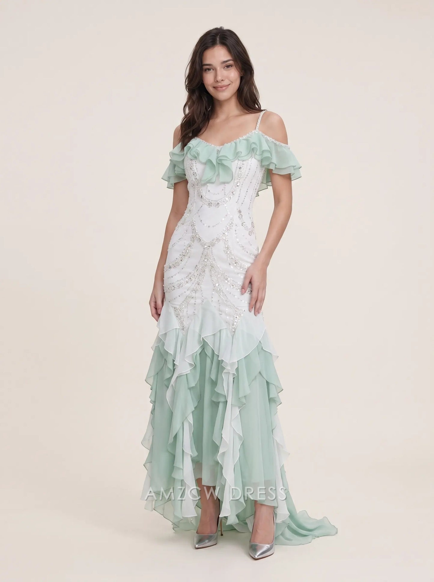 Mint Green Off Shoulder Ruffle Sleeve Beaded Sequin Mermaid High Low Formal Evening Prom Dress
